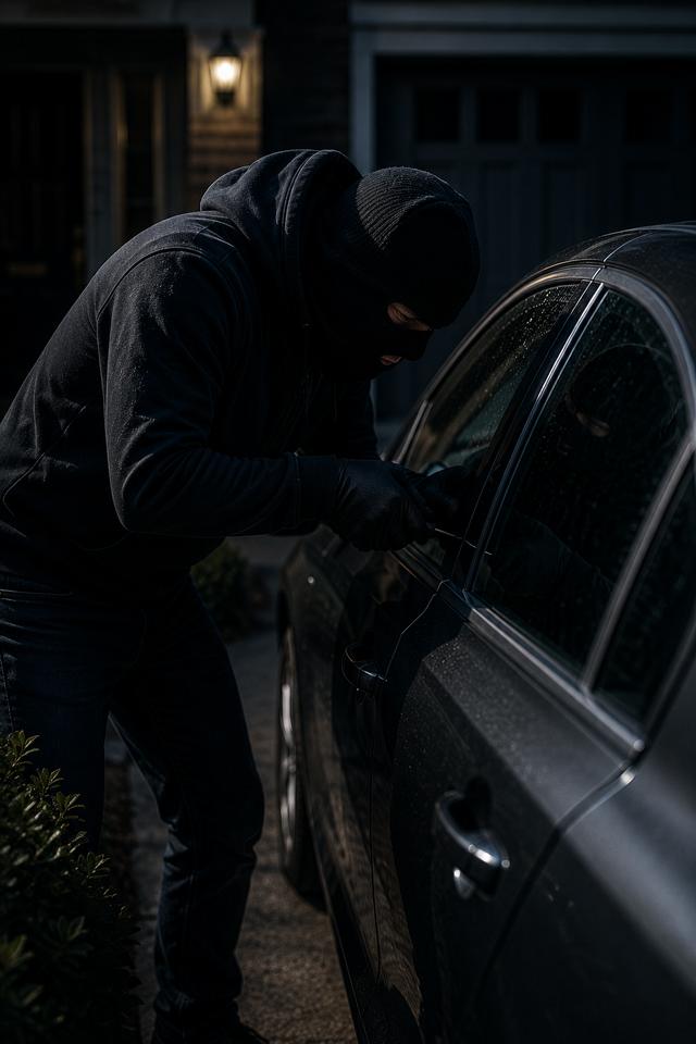 A masked man trying a car door at night.