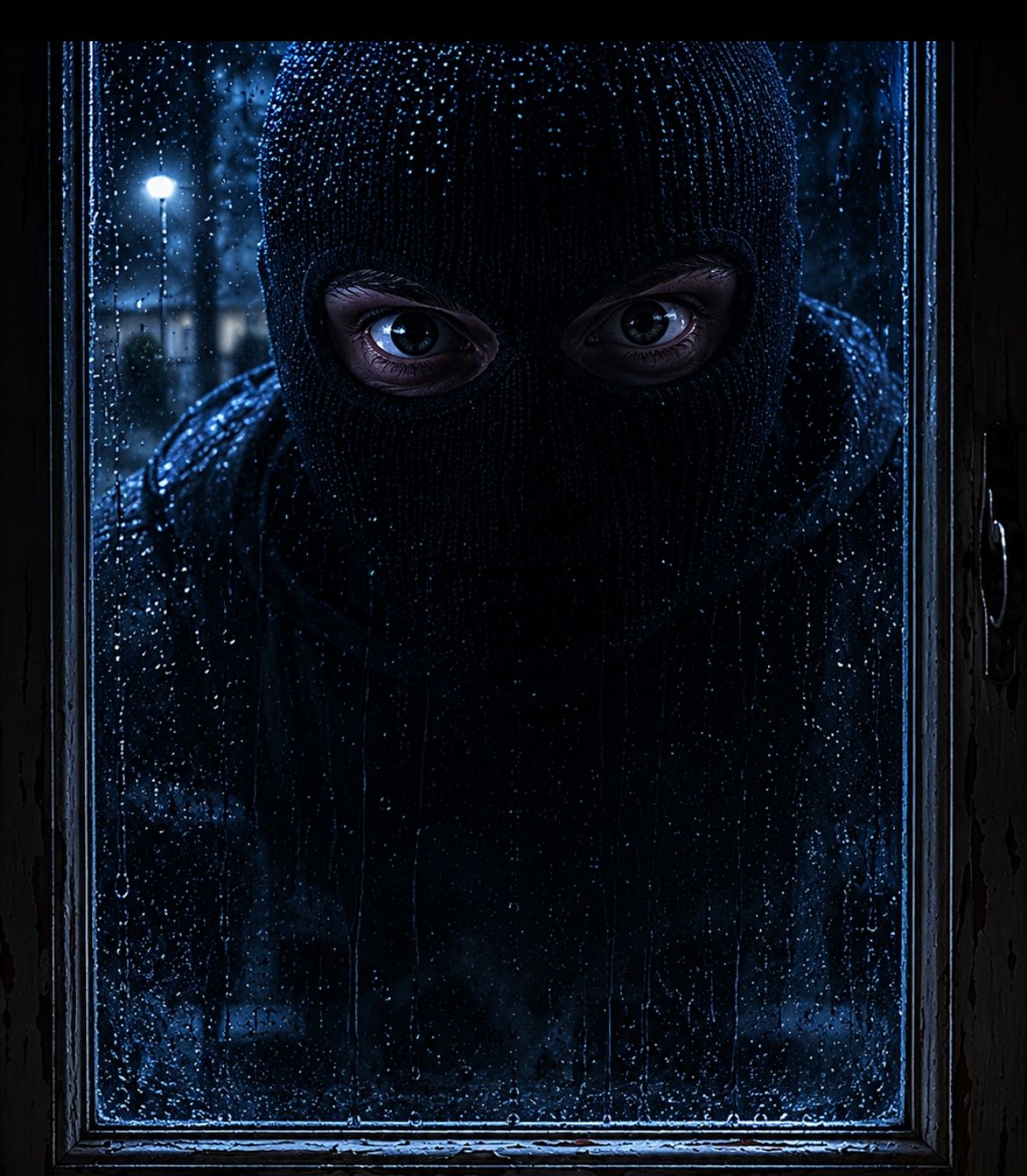 A man in a balaclava stares in through a rain-covered window at night.