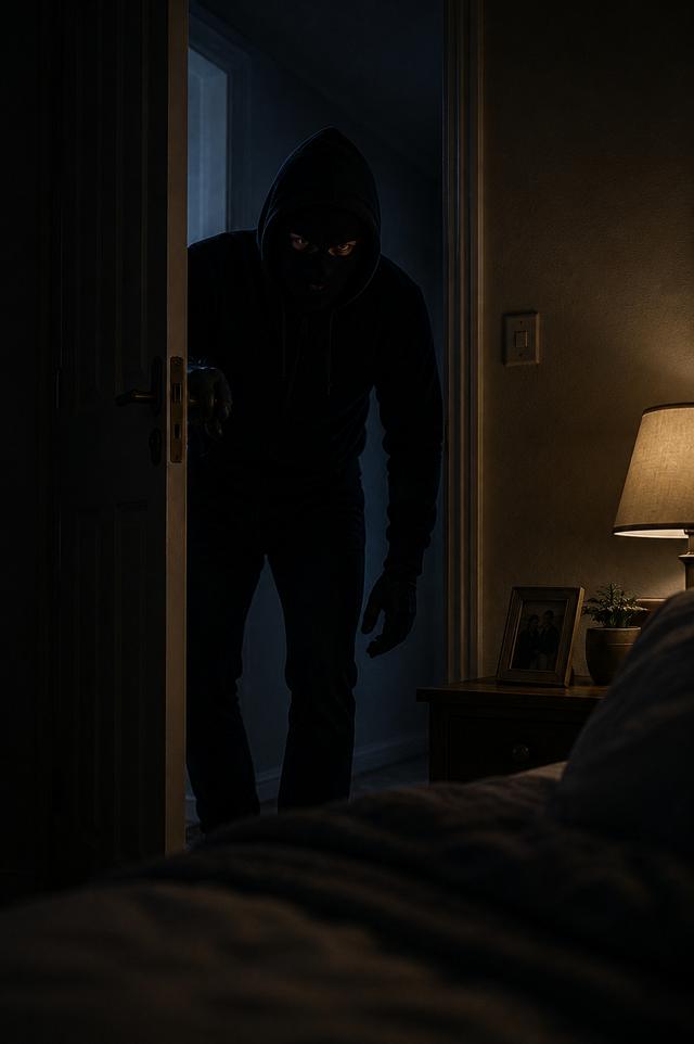 A masked figure standing in a dark bedroom doorway.