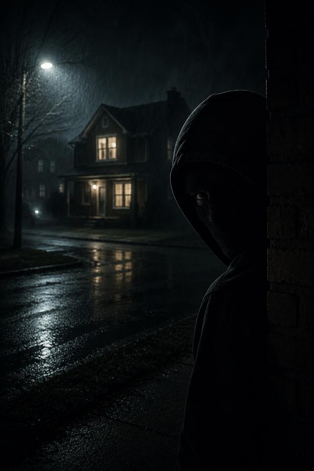 A hooded figure across a wet street at night, looking at a house.