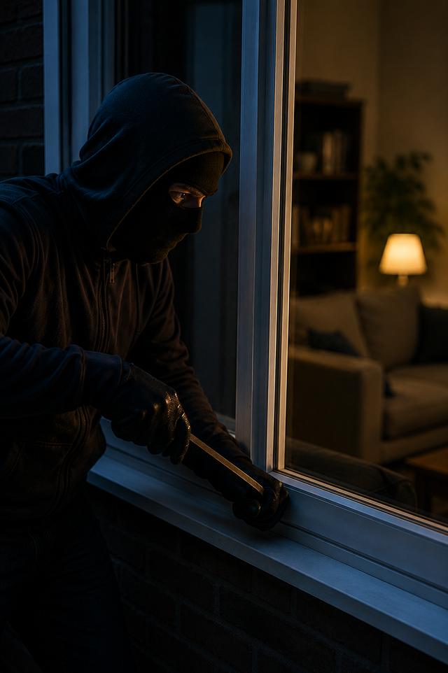 A masked man at a window frame with a tool.